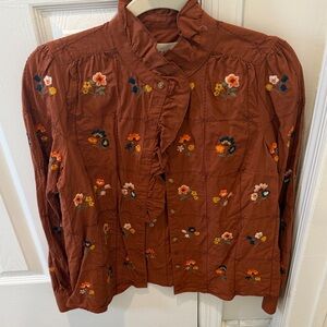 Sezane Rust Floral Embroidered Blouse